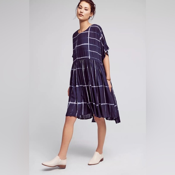 Norblack Norwhite Dresses & Skirts - Sold Norblack Norwhite Anthro Navy Grid Print Smock Dress - Casual Women's Dress